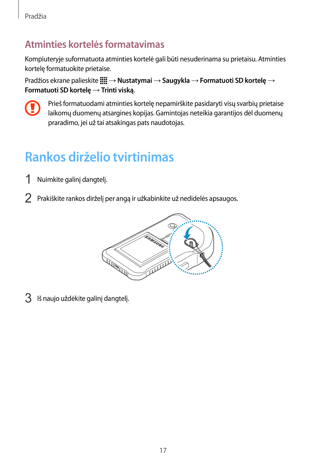 Samsung SM-G388FDSASEB manual Rankos dirželio tvirtinimas, Atminties kortelės formatavimas 