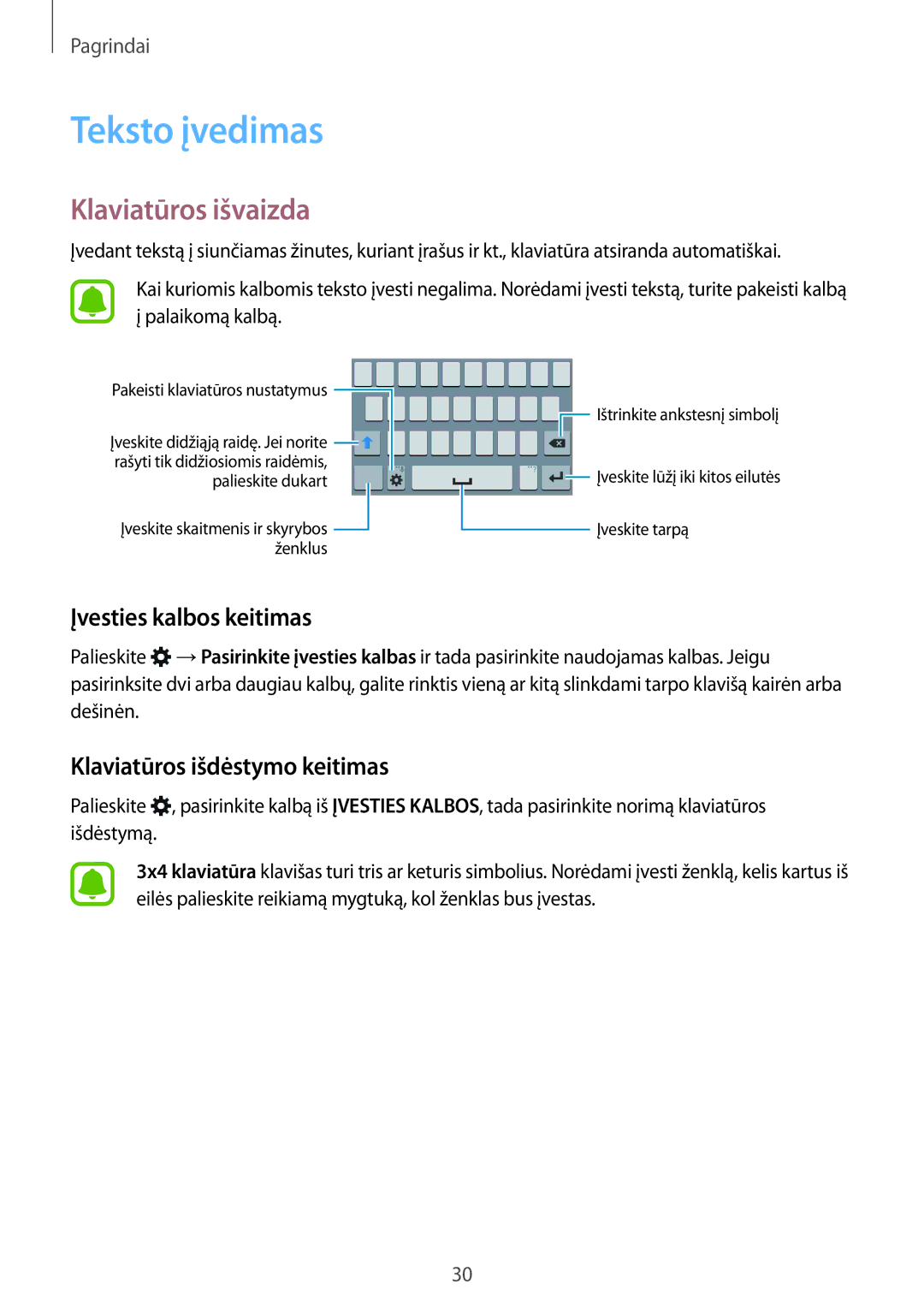 Samsung SM-G388FDSASEB Teksto įvedimas, Klaviatūros išvaizda, Įvesties kalbos keitimas, Klaviatūros išdėstymo keitimas 