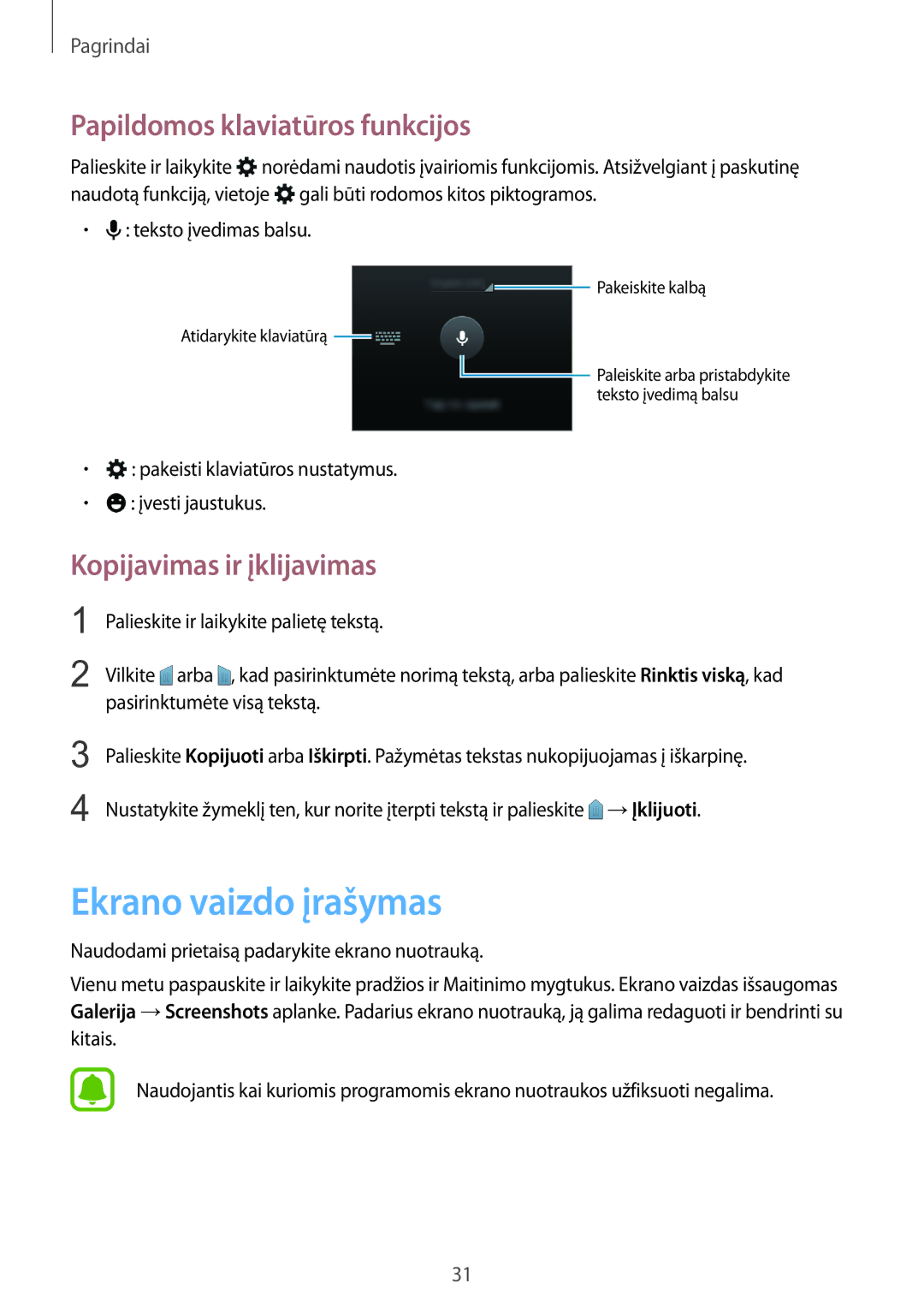 Samsung SM-G388FDSASEB manual Ekrano vaizdo įrašymas, Papildomos klaviatūros funkcijos, Kopijavimas ir įklijavimas 