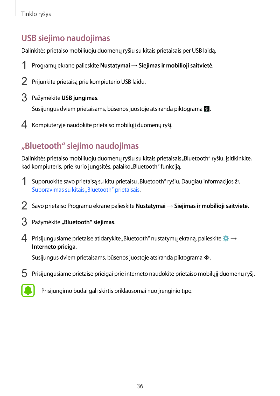 Samsung SM-G388FDSASEB manual USB siejimo naudojimas, „Bluetooth siejimo naudojimas, Pažymėkite „Bluetooth siejimas 