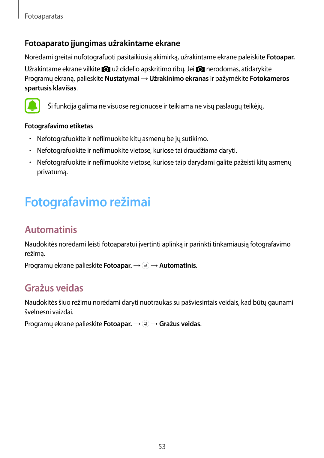 Samsung SM-G388FDSASEB manual Fotografavimo režimai, Automatinis, Gražus veidas, Fotoaparato įjungimas užrakintame ekrane 
