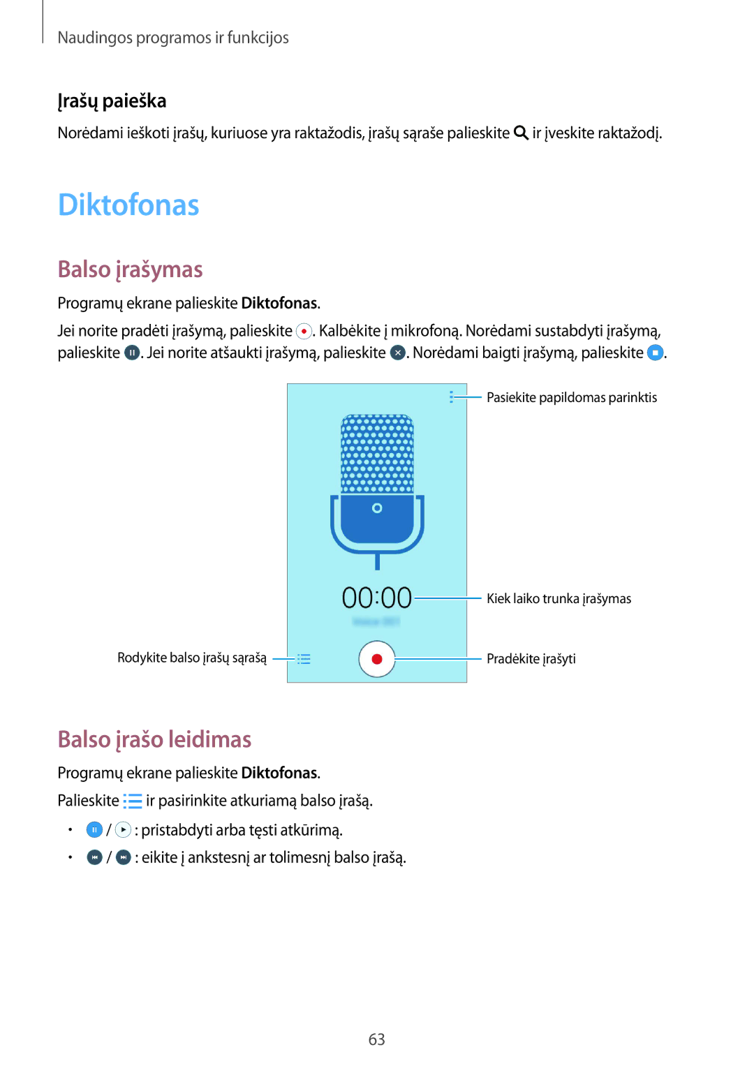 Samsung SM-G388FDSASEB manual Diktofonas, Balso įrašymas, Balso įrašo leidimas, Įrašų paieška 