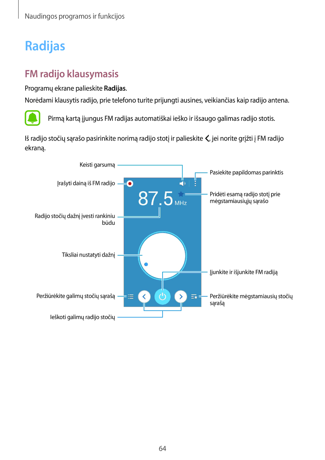 Samsung SM-G388FDSASEB manual FM radijo klausymasis, Programų ekrane palieskite Radijas, Ekraną 