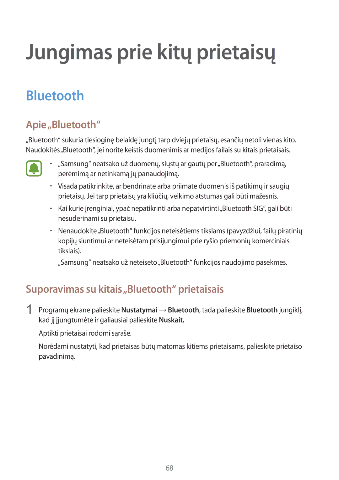 Samsung SM-G388FDSASEB manual Jungimas prie kitų prietaisų, Apie„Bluetooth, Suporavimas su kitais„Bluetooth prietaisais 