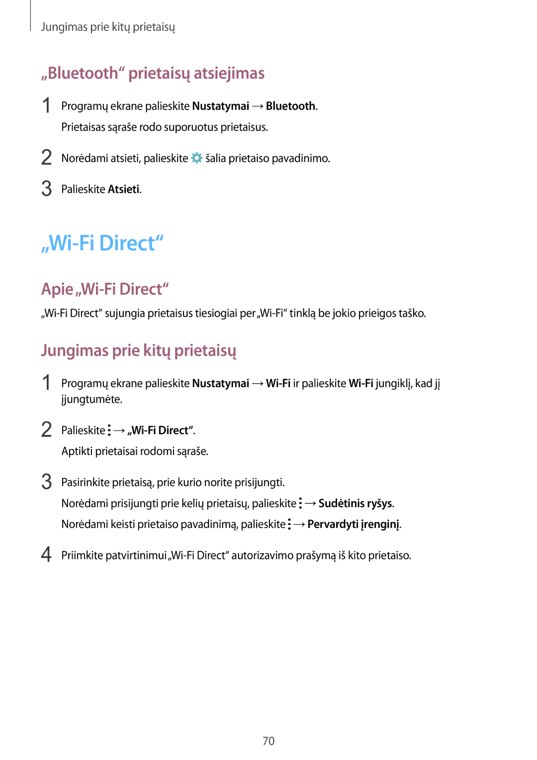 Samsung SM-G388FDSASEB manual „Bluetooth prietaisų atsiejimas, Apie„Wi-Fi Direct, Jungimas prie kitų prietaisų 