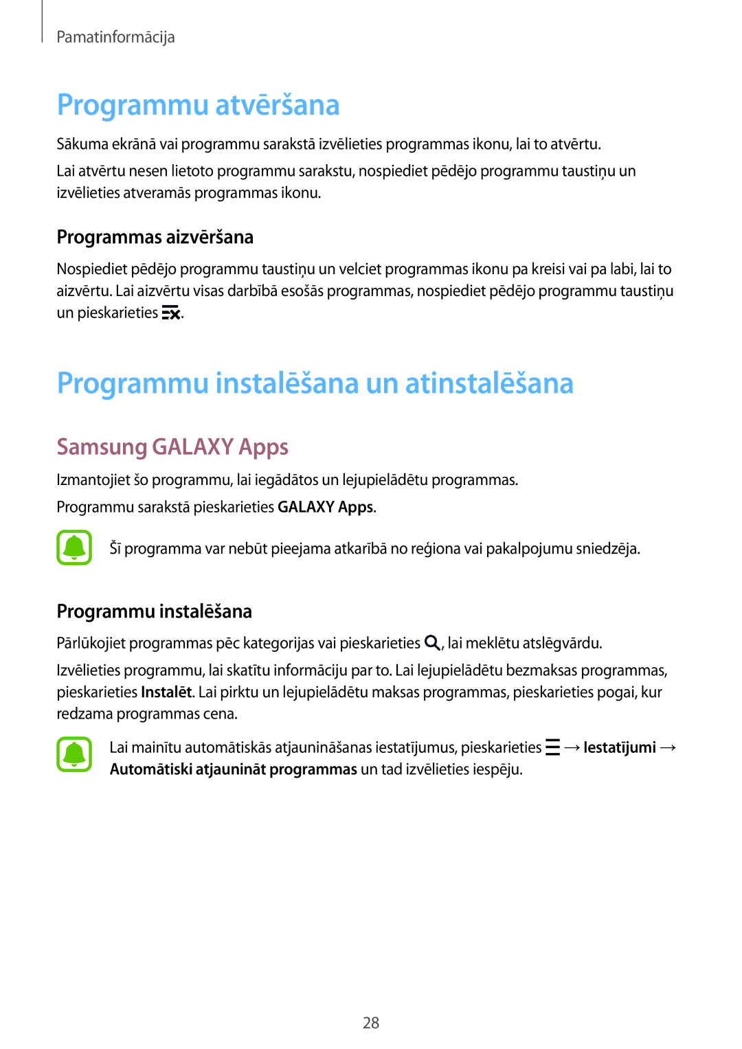 Samsung SM-G388FDSASEB manual Programmu atvēršana, Programmu instalēšana un atinstalēšana, Samsung Galaxy Apps 