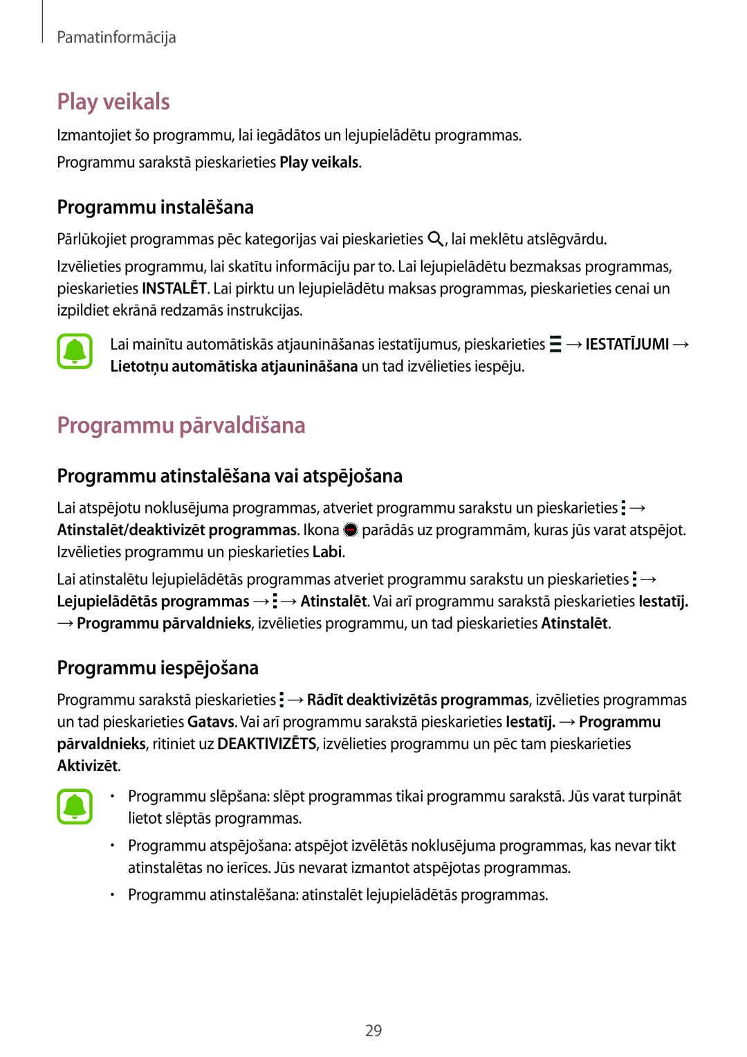 Samsung SM-G388FDSASEB manual Play veikals, Programmu pārvaldīšana, Programmu atinstalēšana vai atspējošana 