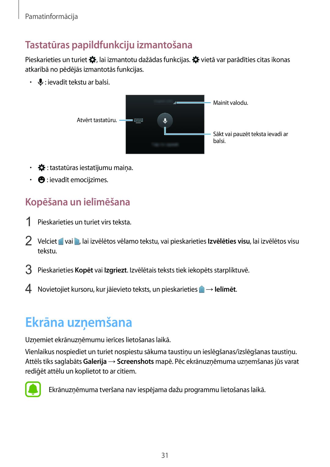 Samsung SM-G388FDSASEB manual Ekrāna uzņemšana, Tastatūras papildfunkciju izmantošana, Kopēšana un ielīmēšana 