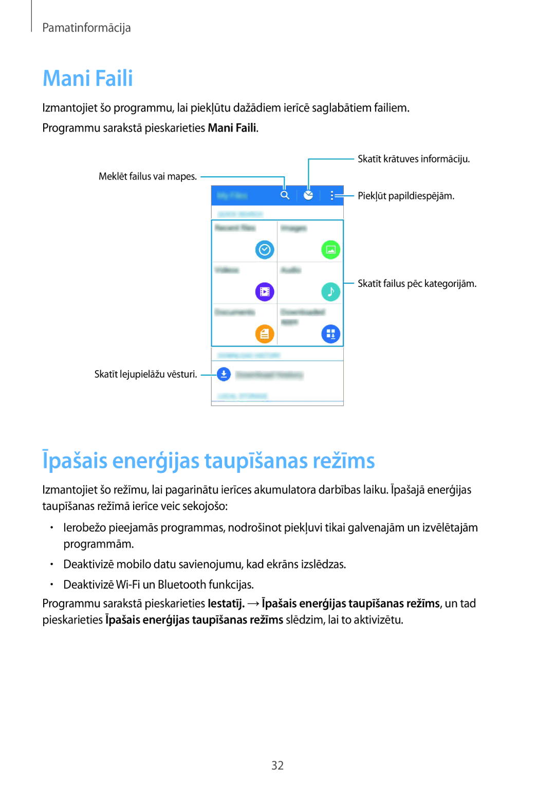 Samsung SM-G388FDSASEB manual Mani Faili, Īpašais enerģijas taupīšanas režīms 