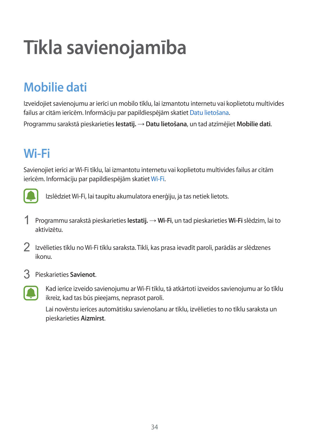 Samsung SM-G388FDSASEB manual Tīkla savienojamība, Mobilie dati, Wi-Fi 