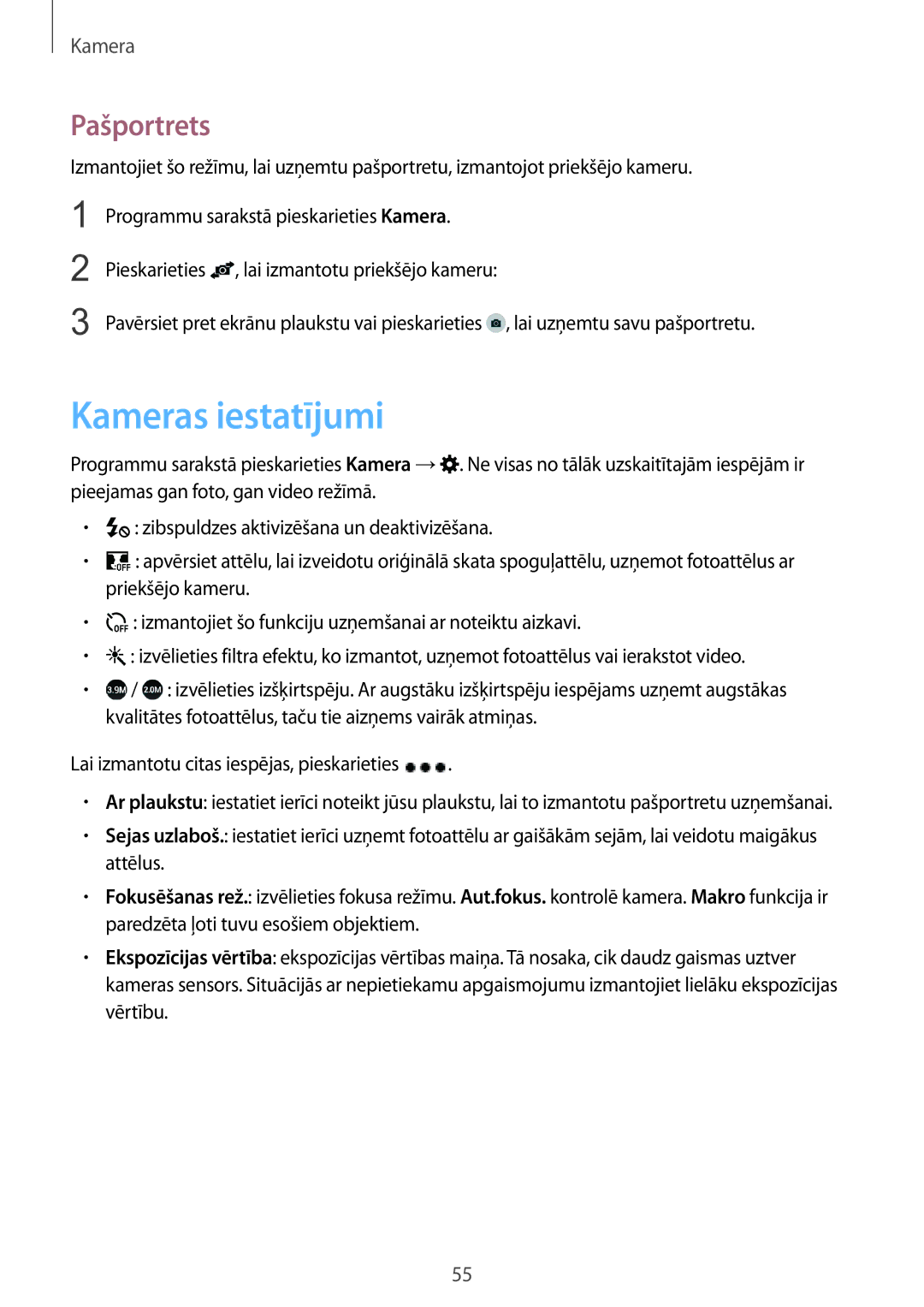 Samsung SM-G388FDSASEB manual Kameras iestatījumi, Pašportrets 