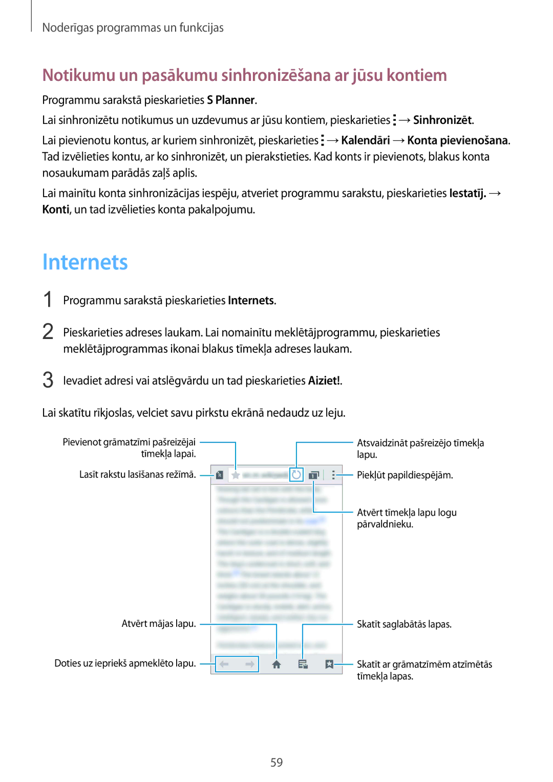 Samsung SM-G388FDSASEB manual Internets, Notikumu un pasākumu sinhronizēšana ar jūsu kontiem 