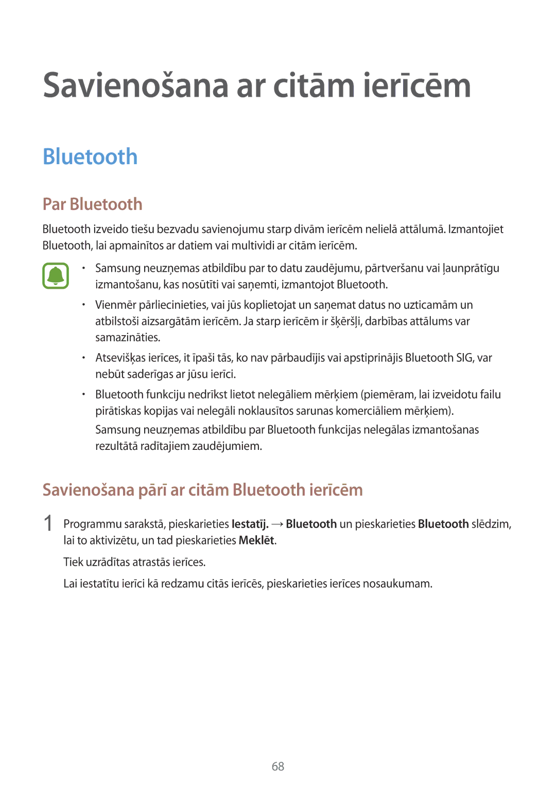 Samsung SM-G388FDSASEB manual Par Bluetooth, Savienošana pārī ar citām Bluetooth ierīcēm 