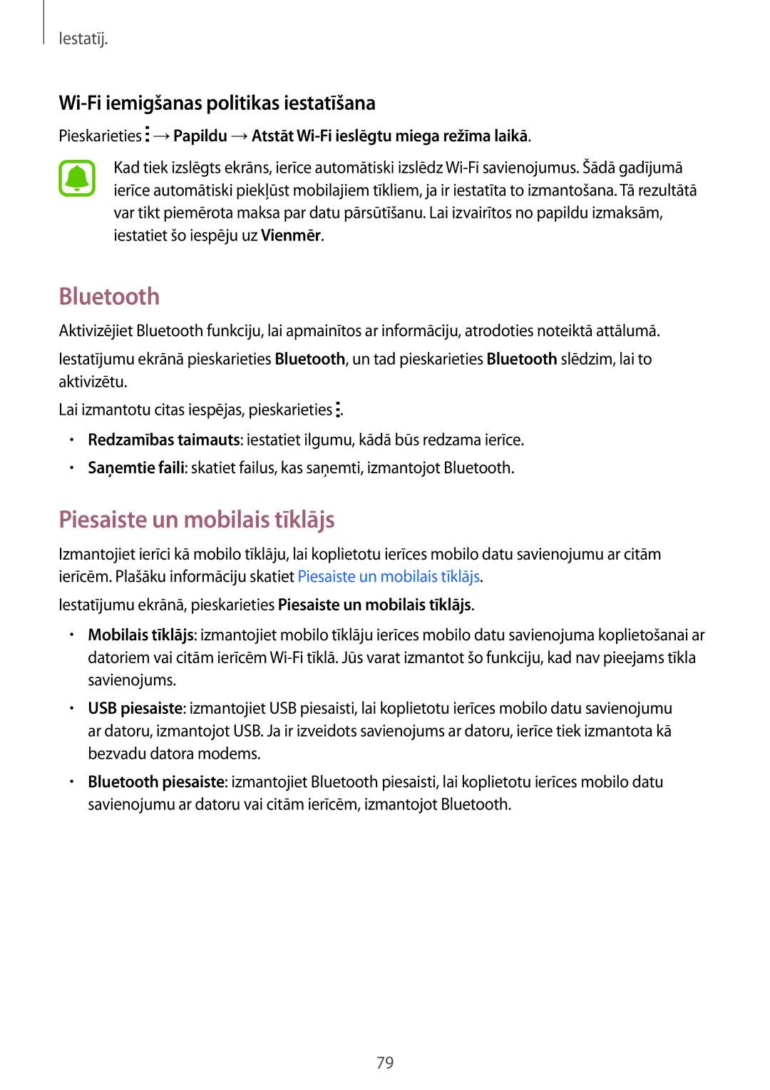 Samsung SM-G388FDSASEB manual Bluetooth, Piesaiste un mobilais tīklājs, Wi-Fi iemigšanas politikas iestatīšana 