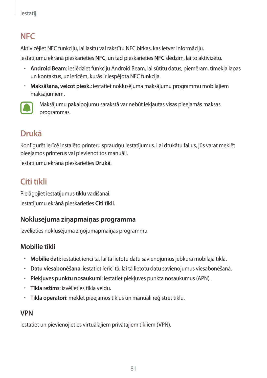 Samsung SM-G388FDSASEB manual Drukā, Citi tīkli, Noklusējuma ziņapmaiņas programma, Mobilie tīkli 