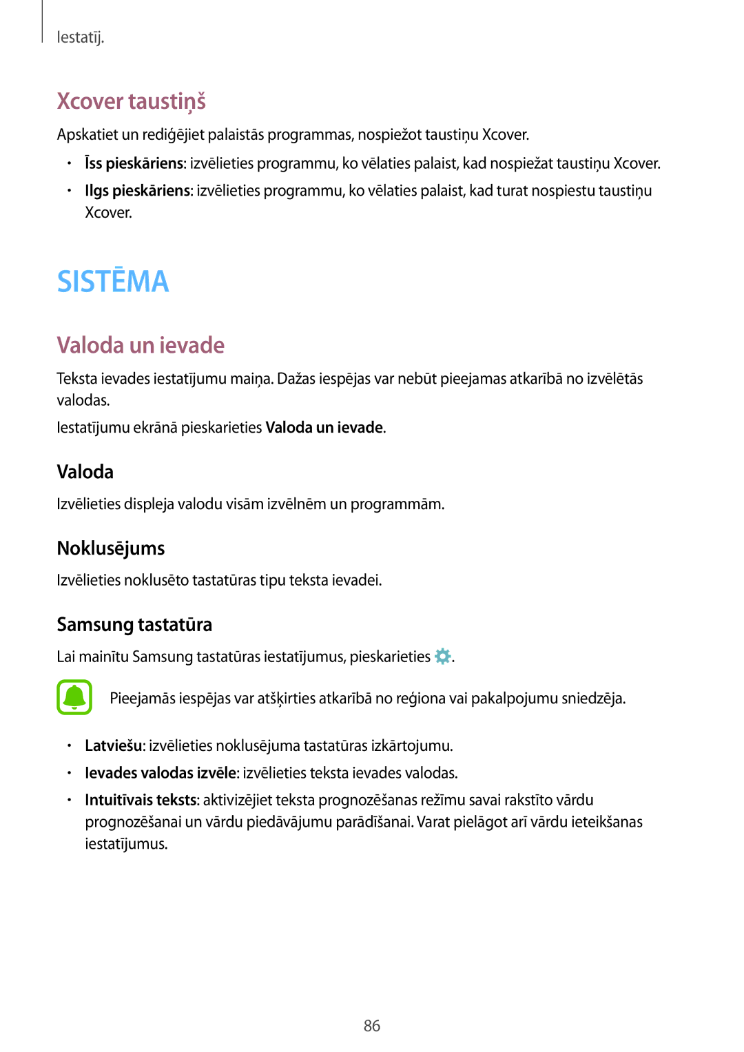 Samsung SM-G388FDSASEB manual Xcover taustiņš, Valoda un ievade, Noklusējums, Samsung tastatūra 