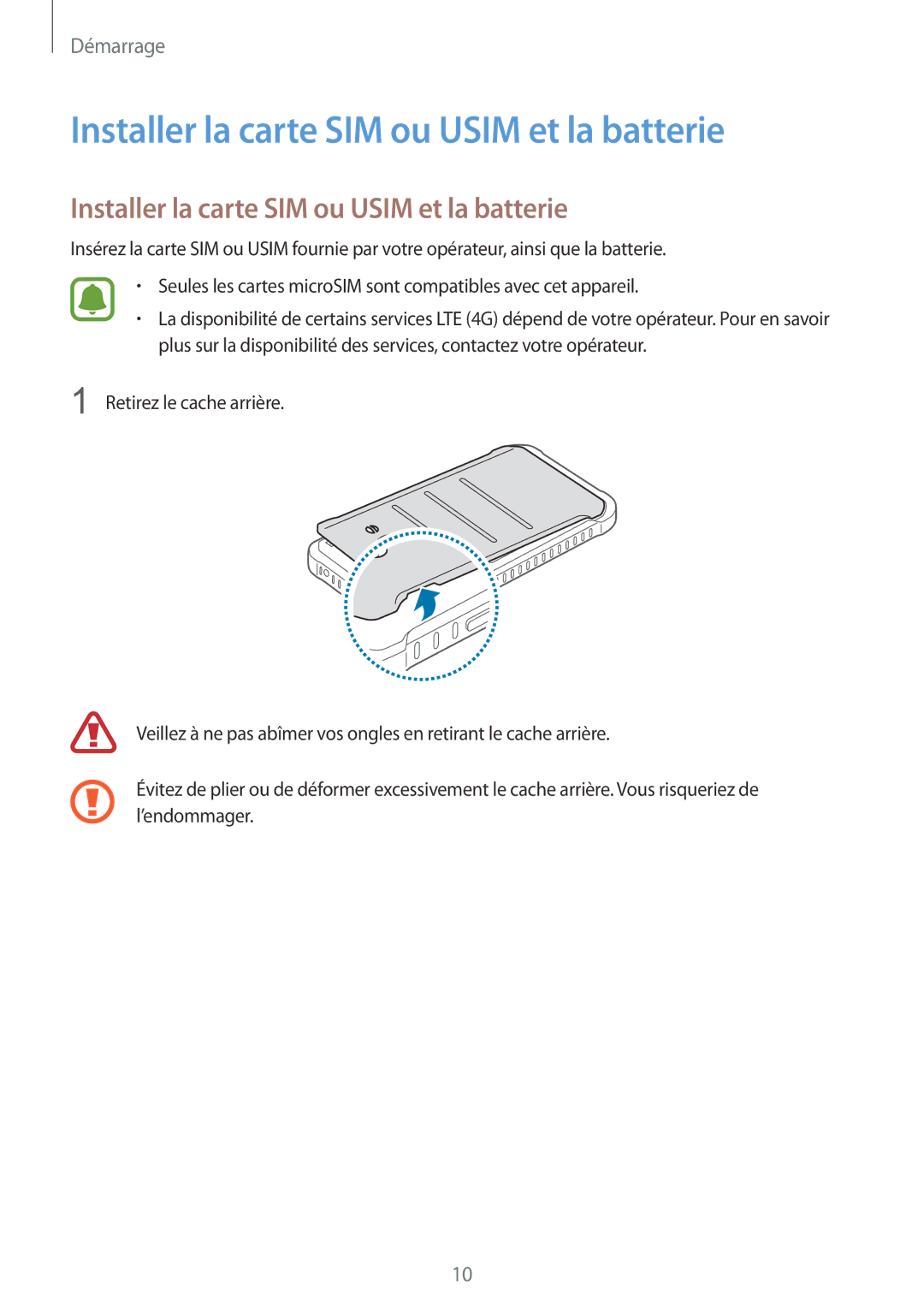 Samsung SM-G388FDSAFTM, SM-G388FDSAXEF, SM-G388FDSASFR manual Installer la carte SIM ou Usim et la batterie 