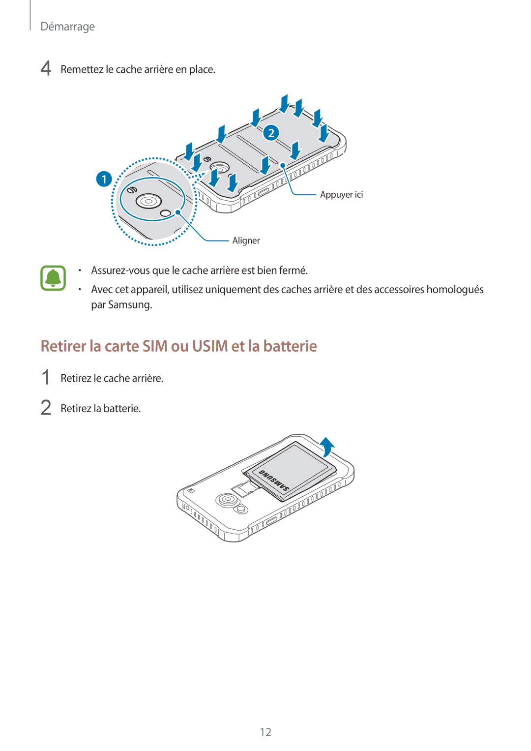 Samsung SM-G388FDSAXEF, SM-G388FDSAFTM, SM-G388FDSASFR manual Retirer la carte SIM ou Usim et la batterie 