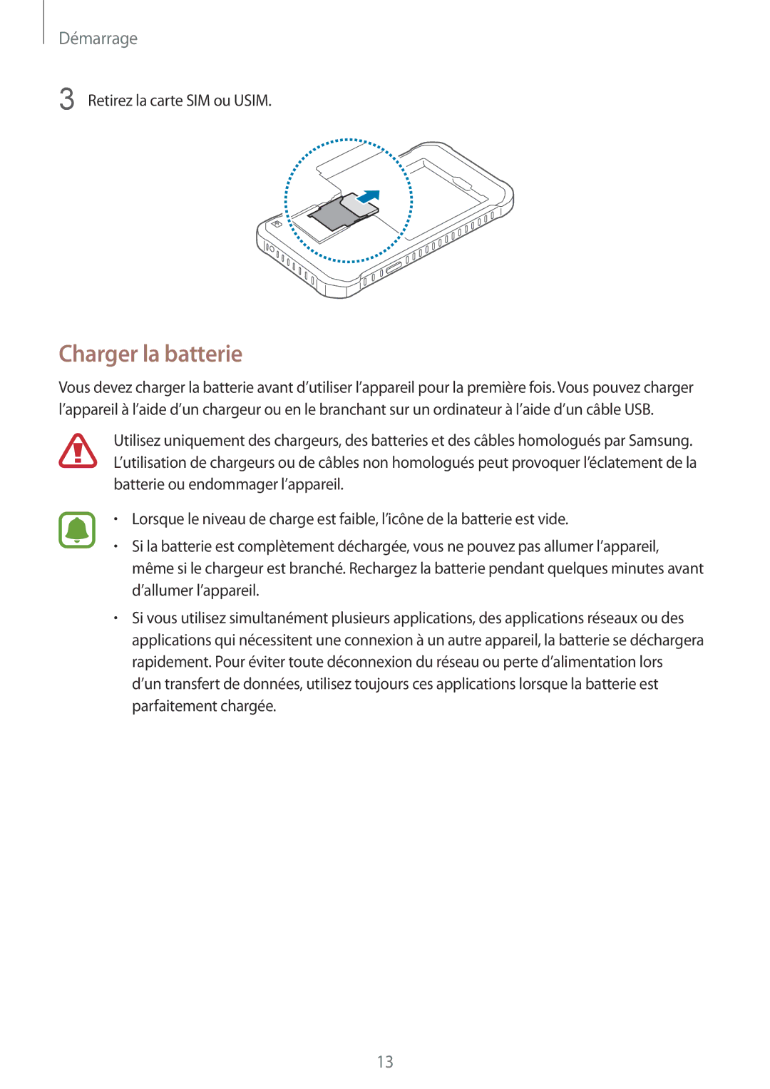 Samsung SM-G388FDSAFTM, SM-G388FDSAXEF, SM-G388FDSASFR manual Charger la batterie 