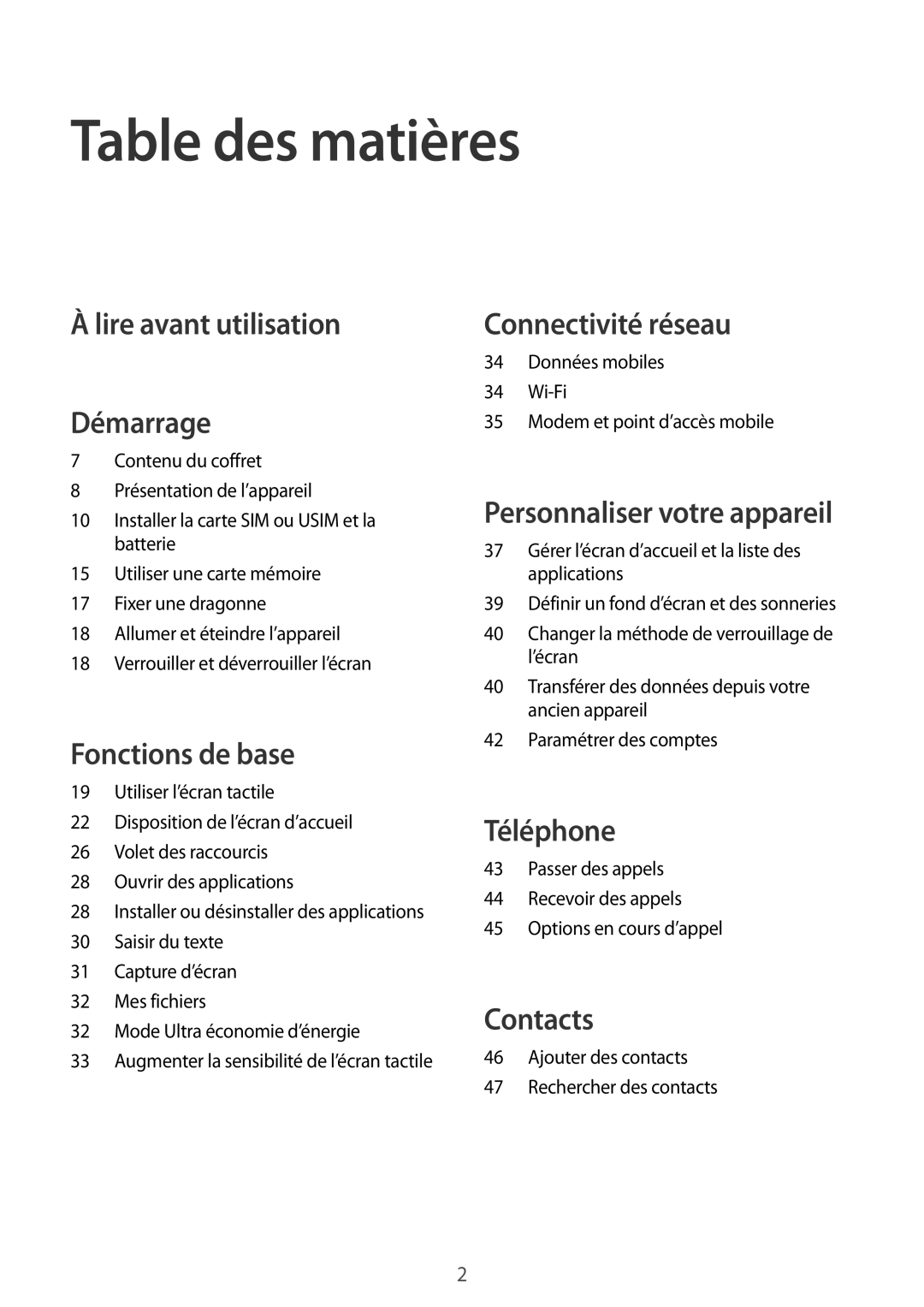 Samsung SM-G388FDSASFR, SM-G388FDSAXEF, SM-G388FDSAFTM manual Table des matières, Lire avant utilisation Démarrage 