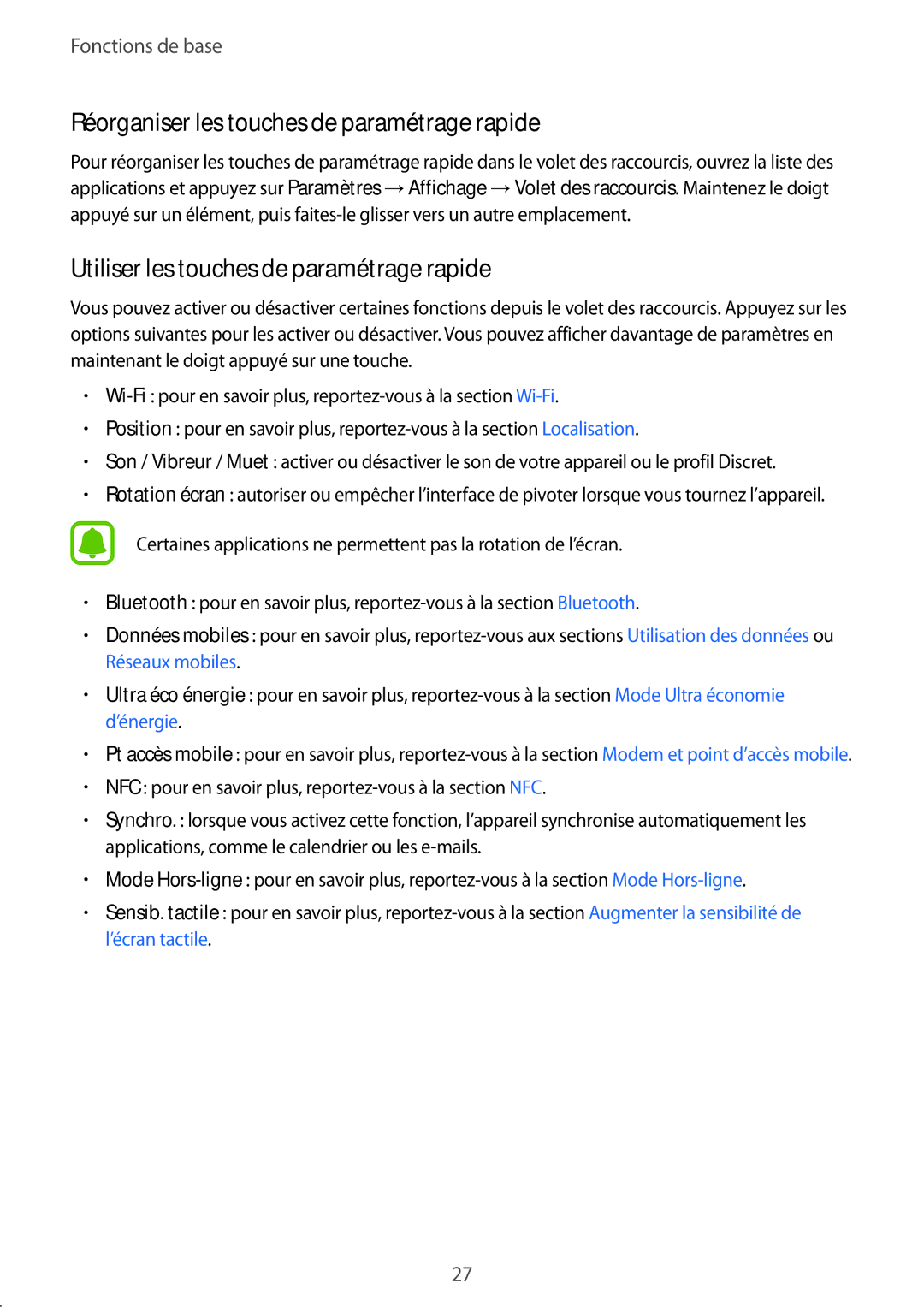 Samsung SM-G388FDSAXEF manual Réorganiser les touches de paramétrage rapide, Utiliser les touches de paramétrage rapide 