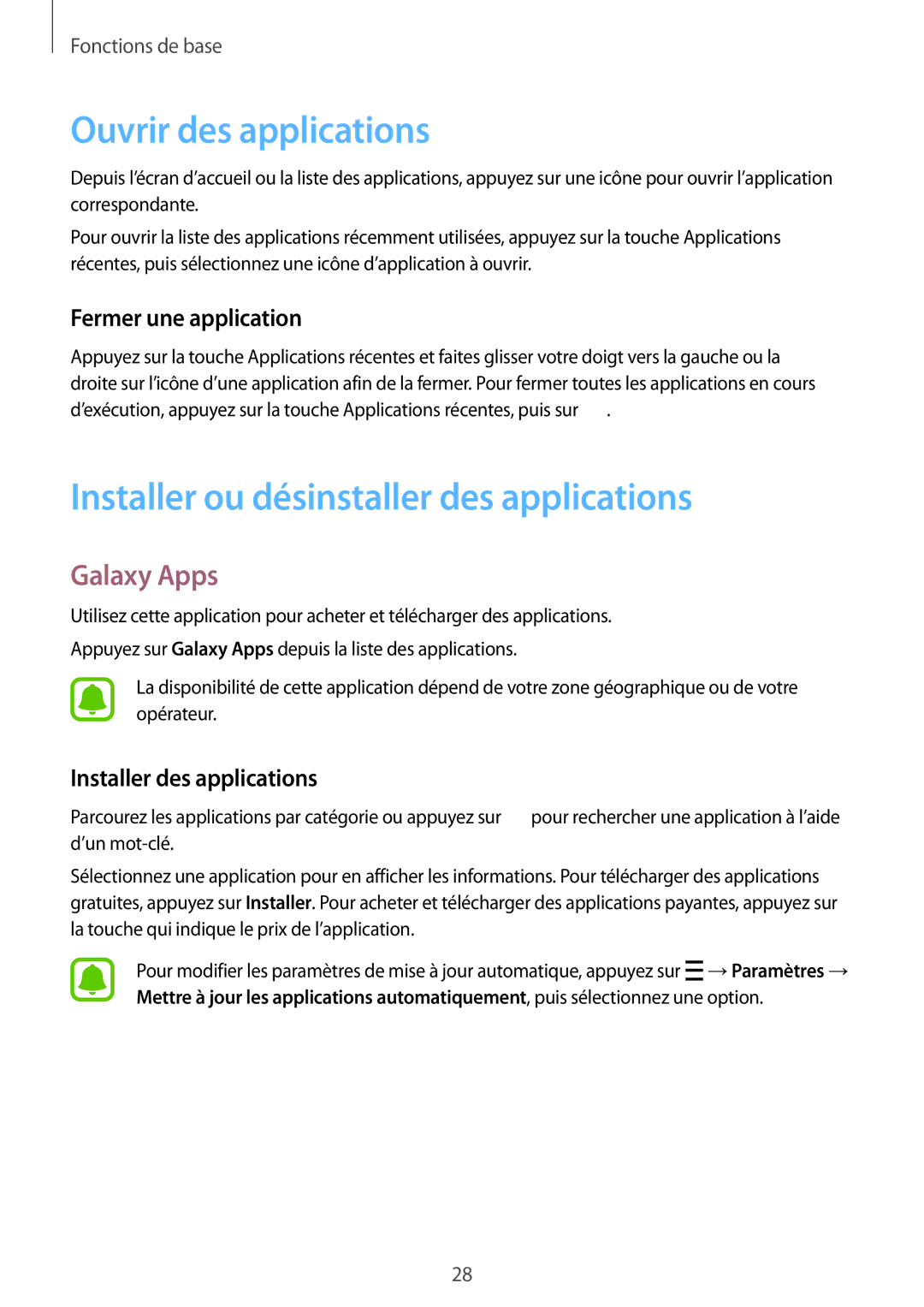 Samsung SM-G388FDSAFTM, SM-G388FDSAXEF Ouvrir des applications, Installer ou désinstaller des applications, Galaxy Apps 