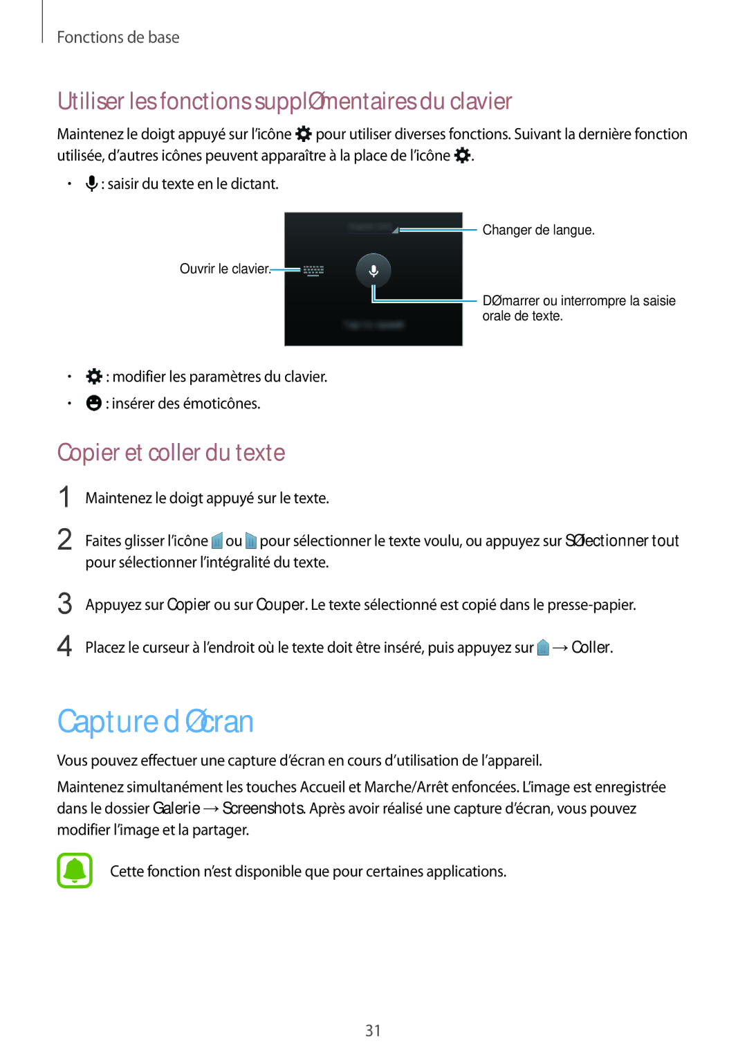 Samsung SM-G388FDSAFTM manual Capture d’écran, Utiliser les fonctions supplémentaires du clavier, Copier et coller du texte 