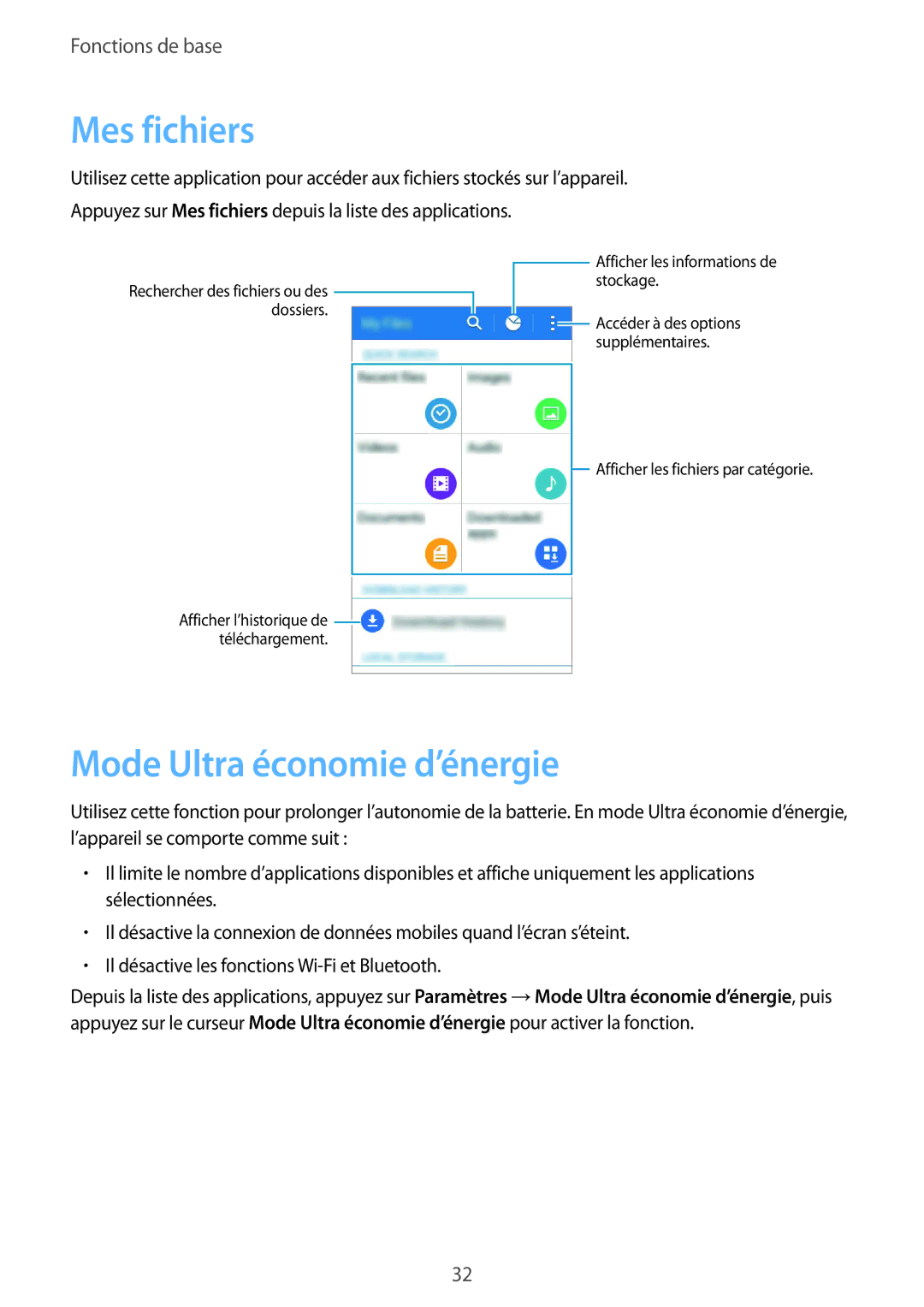 Samsung SM-G388FDSASFR, SM-G388FDSAXEF, SM-G388FDSAFTM manual Mes fichiers, Mode Ultra économie d’énergie 