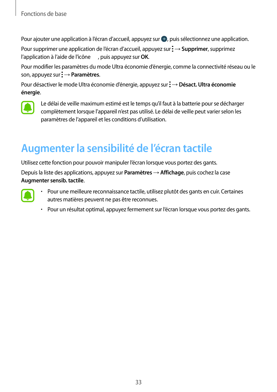 Samsung SM-G388FDSAXEF, SM-G388FDSAFTM, SM-G388FDSASFR manual Augmenter la sensibilité de l’écran tactile 