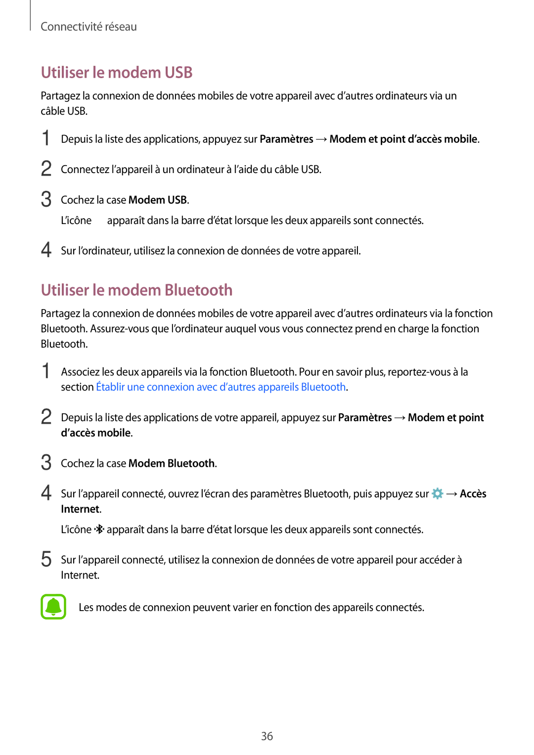 Samsung SM-G388FDSAXEF, SM-G388FDSAFTM, SM-G388FDSASFR manual Utiliser le modem USB, Utiliser le modem Bluetooth 