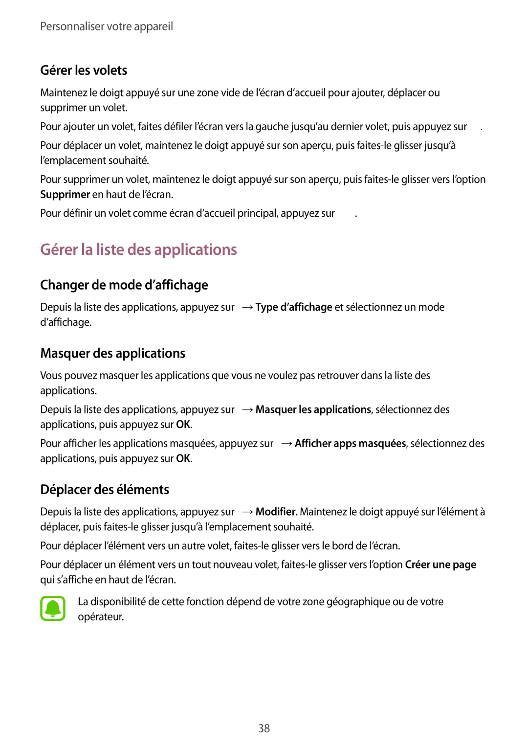 Samsung SM-G388FDSASFR, SM-G388FDSAXEF manual Gérer la liste des applications, Gérer les volets, Changer de mode d’affichage 