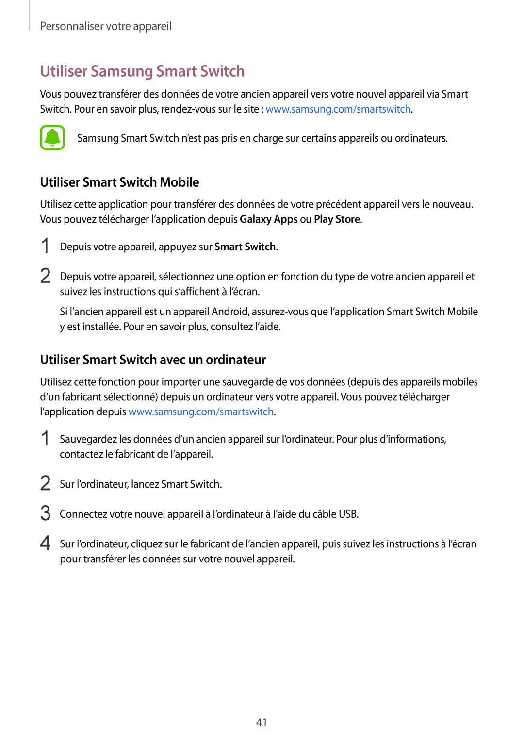 Samsung SM-G388FDSASFR, SM-G388FDSAXEF, SM-G388FDSAFTM manual Utiliser Samsung Smart Switch, Utiliser Smart Switch Mobile 