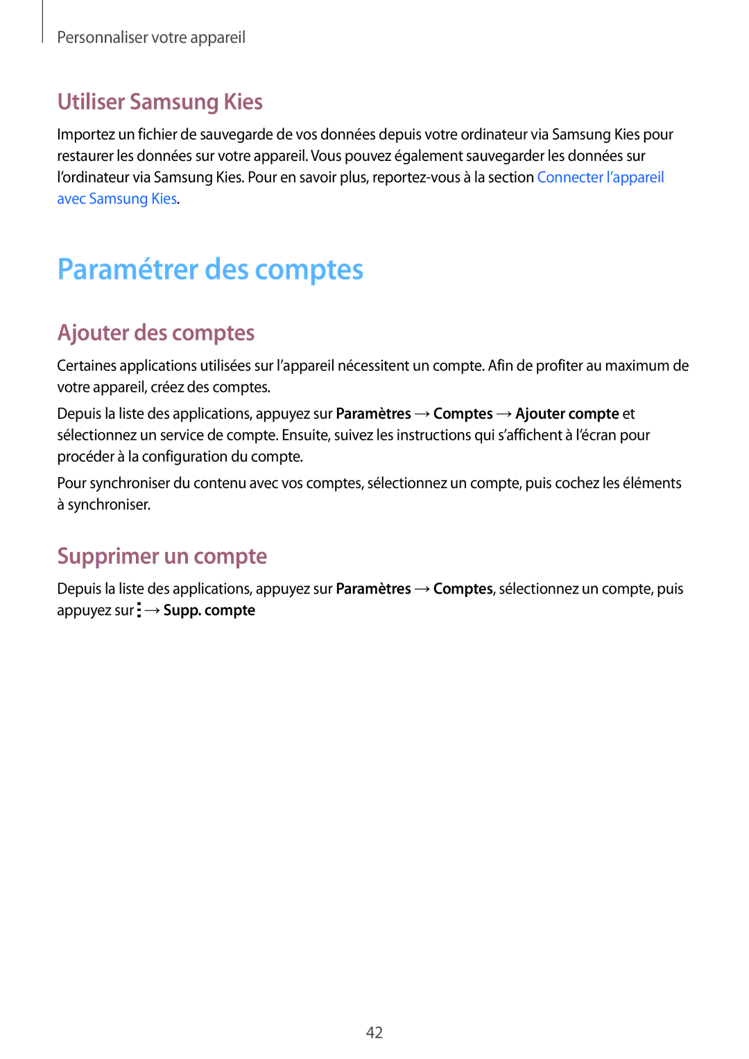 Samsung SM-G388FDSAXEF manual Paramétrer des comptes, Utiliser Samsung Kies, Ajouter des comptes, Supprimer un compte 