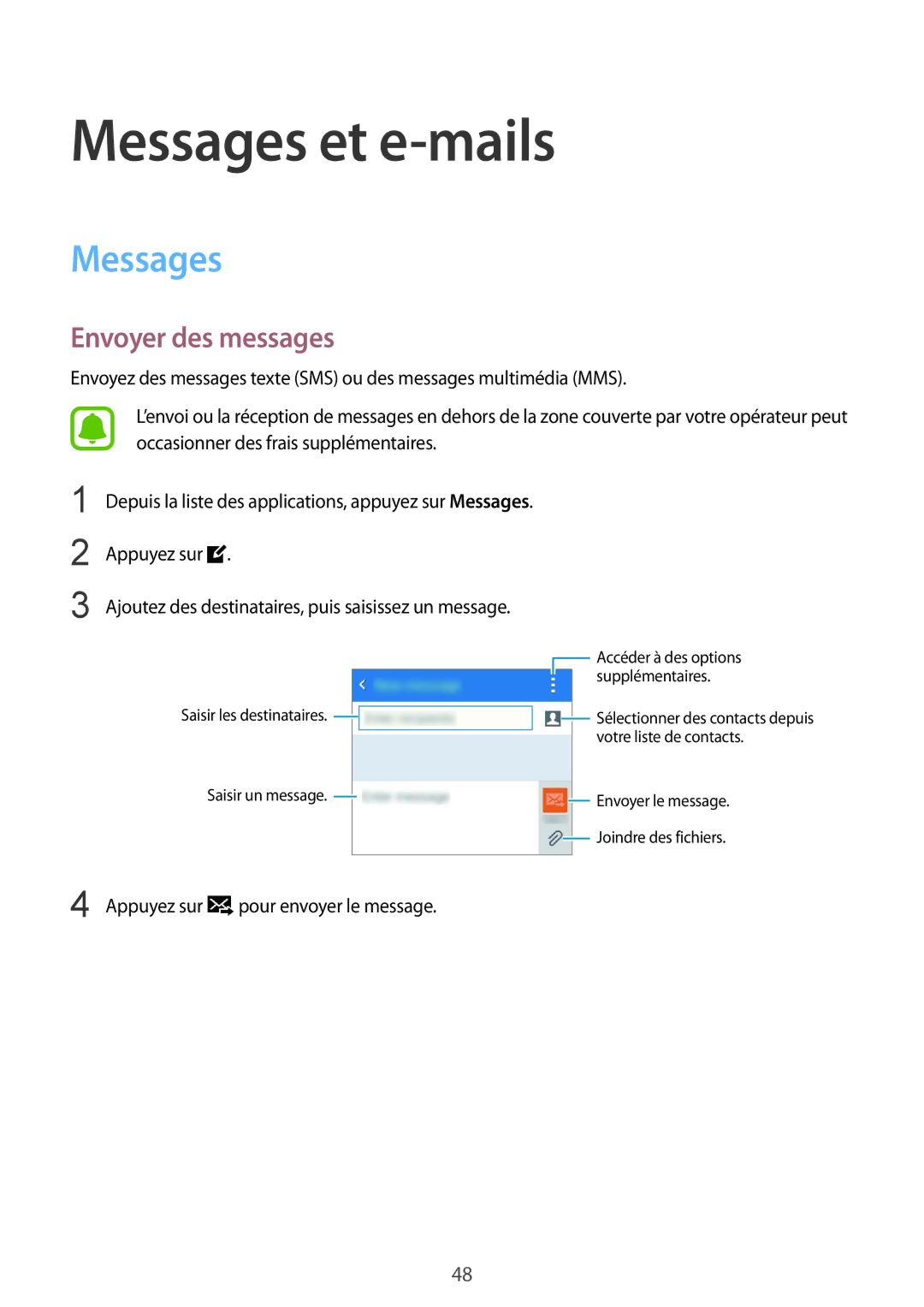 Samsung SM-G388FDSAXEF, SM-G388FDSAFTM, SM-G388FDSASFR manual Messages et e-mails, Envoyer des messages 