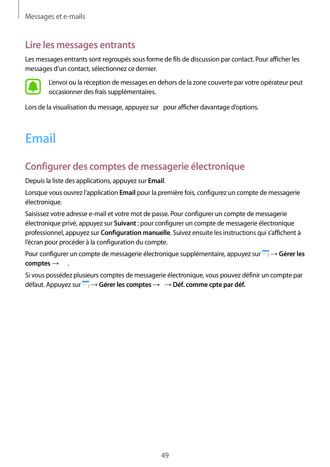 Samsung SM-G388FDSAFTM, SM-G388FDSAXEF manual Lire les messages entrants, Configurer des comptes de messagerie électronique 