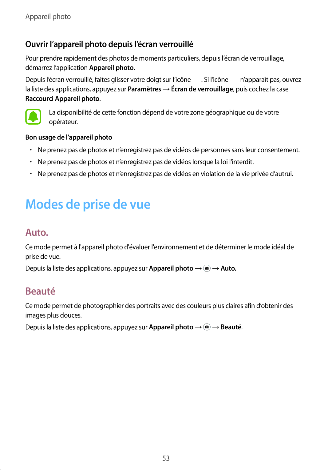 Samsung SM-G388FDSASFR manual Modes de prise de vue, Auto, Beauté, Ouvrir l’appareil photo depuis l’écran verrouillé 