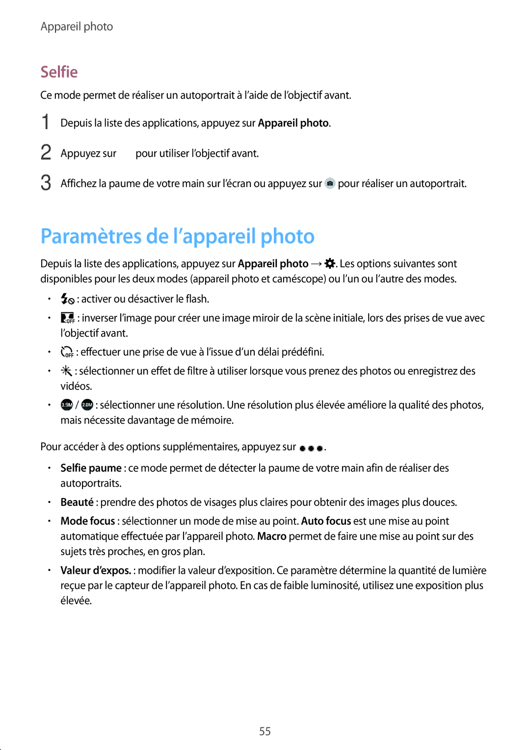 Samsung SM-G388FDSAFTM, SM-G388FDSAXEF, SM-G388FDSASFR manual Paramètres de l’appareil photo, Selfie 