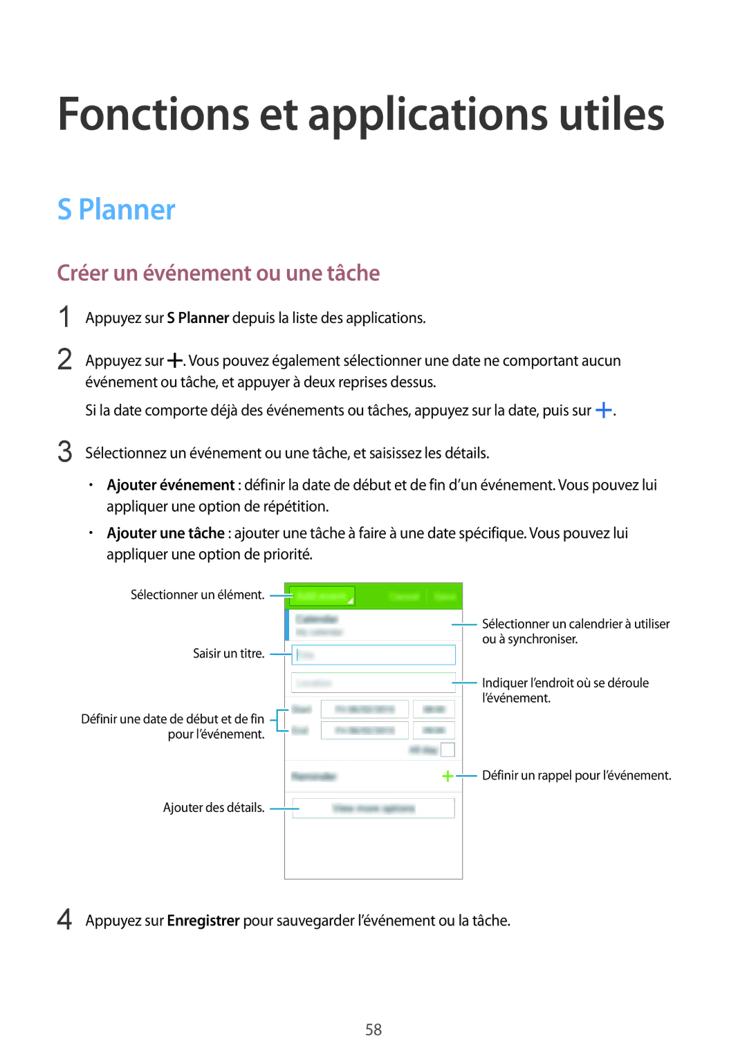 Samsung SM-G388FDSAFTM, SM-G388FDSAXEF, SM-G388FDSASFR manual Planner, Créer un événement ou une tâche 