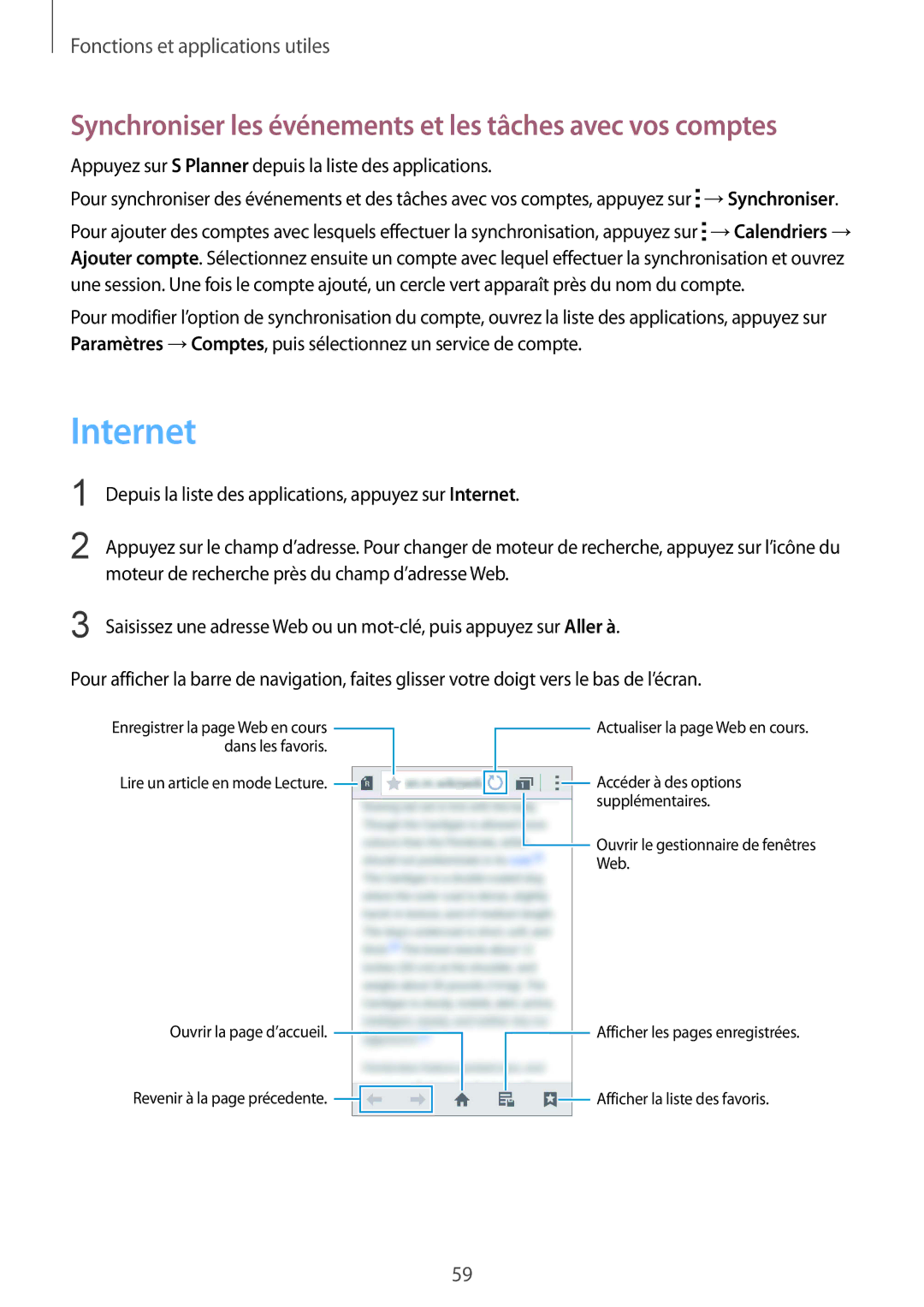 Samsung SM-G388FDSASFR, SM-G388FDSAXEF, SM-G388FDSAFTM Internet, Synchroniser les événements et les tâches avec vos comptes 