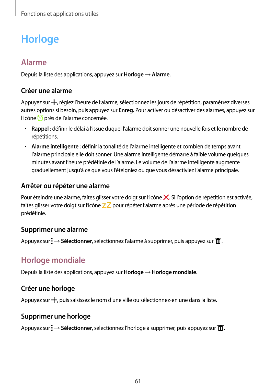 Samsung SM-G388FDSAFTM, SM-G388FDSAXEF, SM-G388FDSASFR manual Alarme, Horloge mondiale 