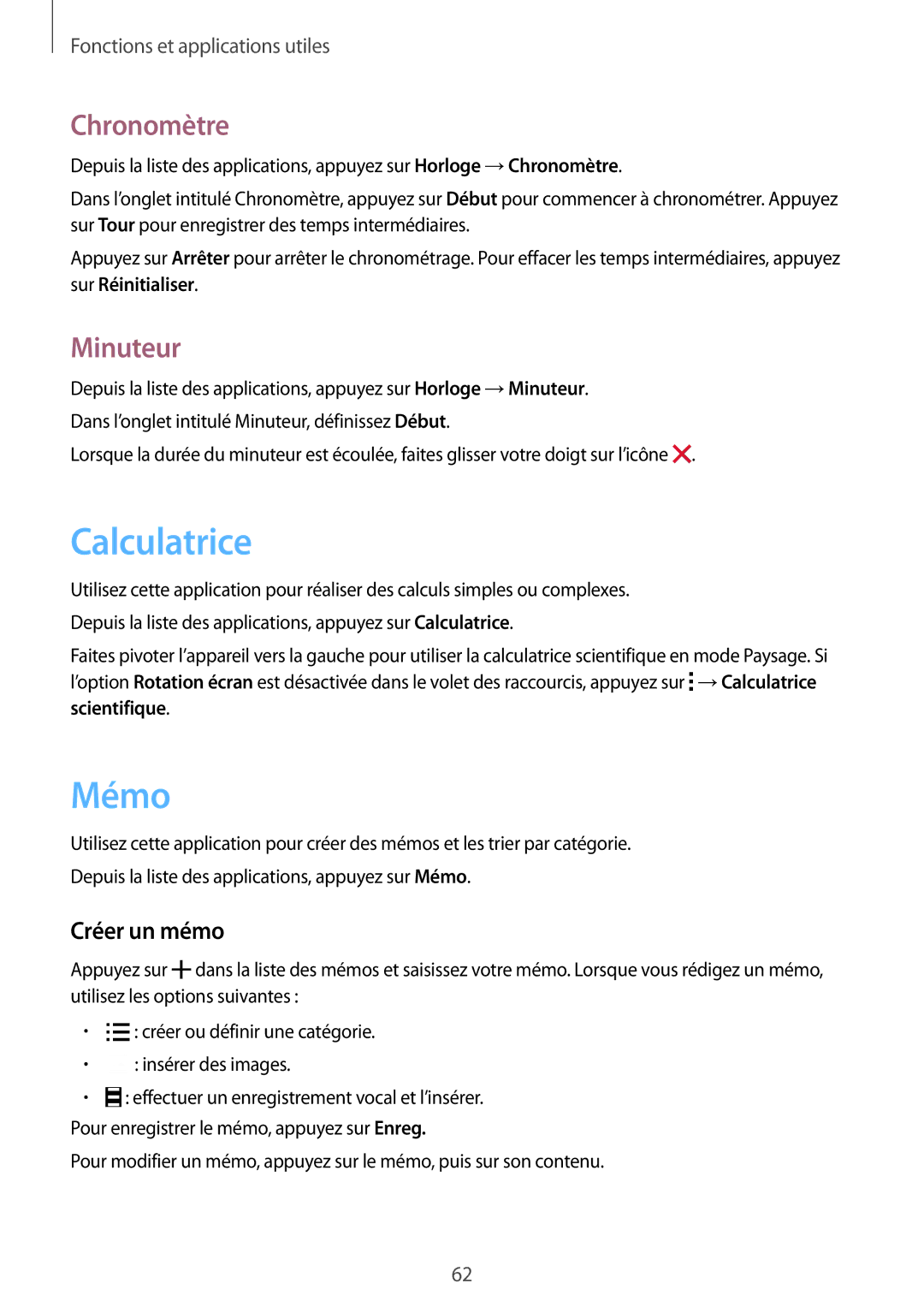 Samsung SM-G388FDSASFR, SM-G388FDSAXEF, SM-G388FDSAFTM manual Calculatrice, Mémo, Chronomètre, Minuteur, Créer un mémo 