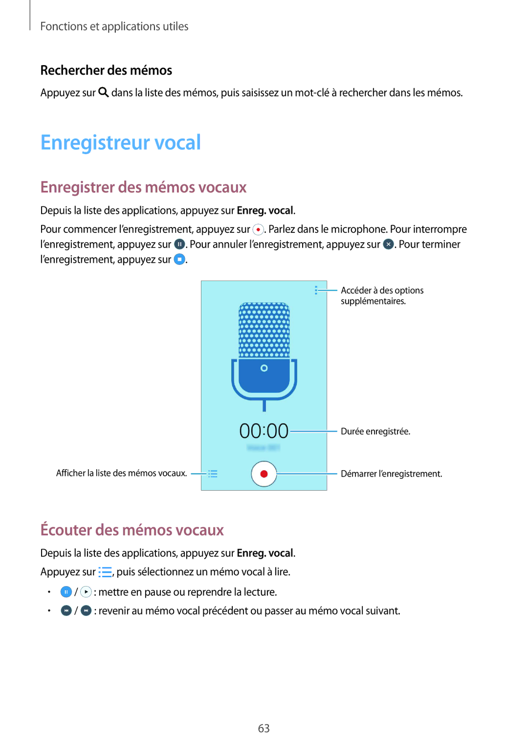 Samsung SM-G388FDSAXEF Enregistreur vocal, Enregistrer des mémos vocaux, Écouter des mémos vocaux, Rechercher des mémos 