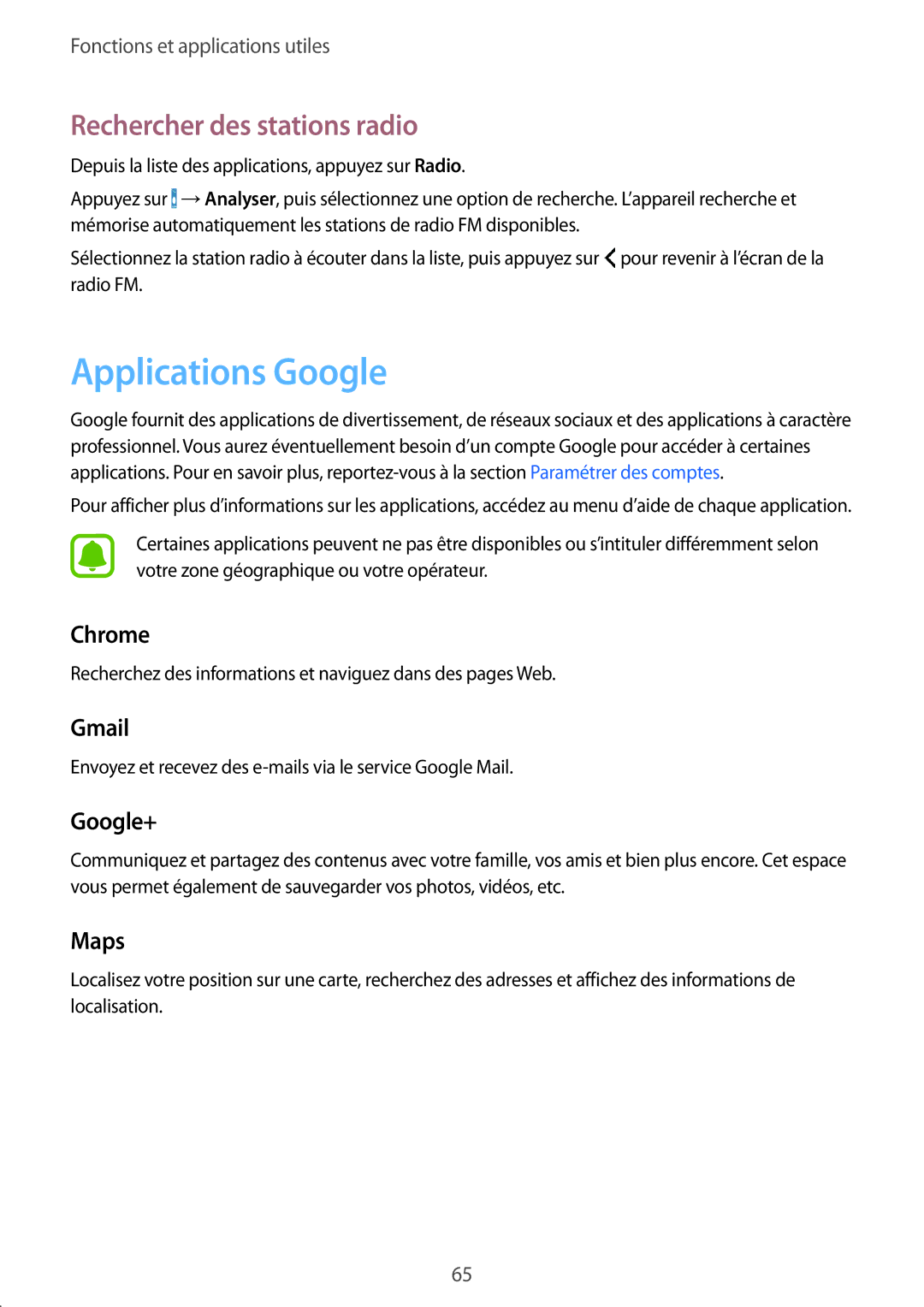 Samsung SM-G388FDSASFR, SM-G388FDSAXEF, SM-G388FDSAFTM manual Applications Google, Rechercher des stations radio 