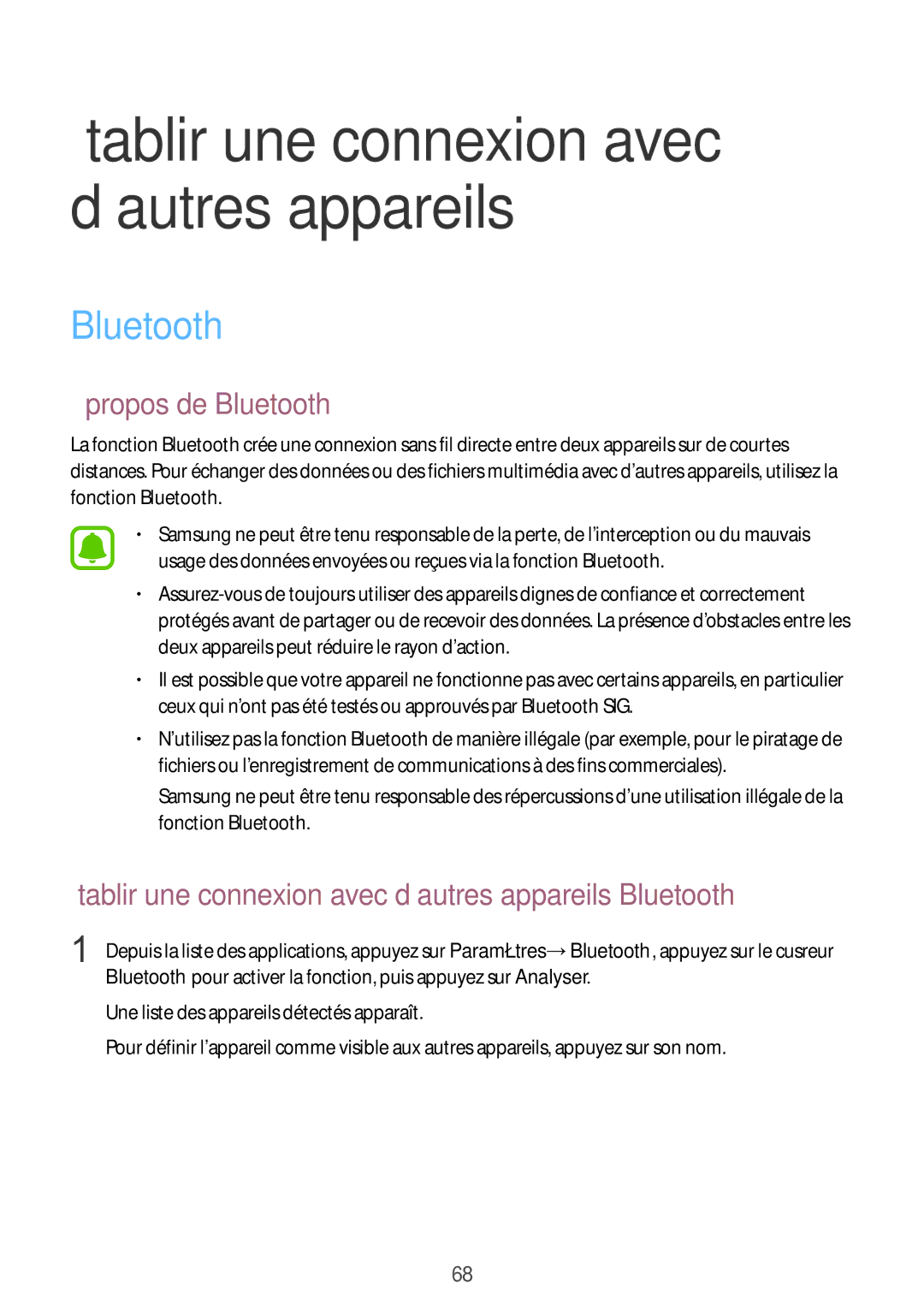 Samsung SM-G388FDSASFR, SM-G388FDSAXEF Propos de Bluetooth, Établir une connexion avec d’autres appareils Bluetooth 