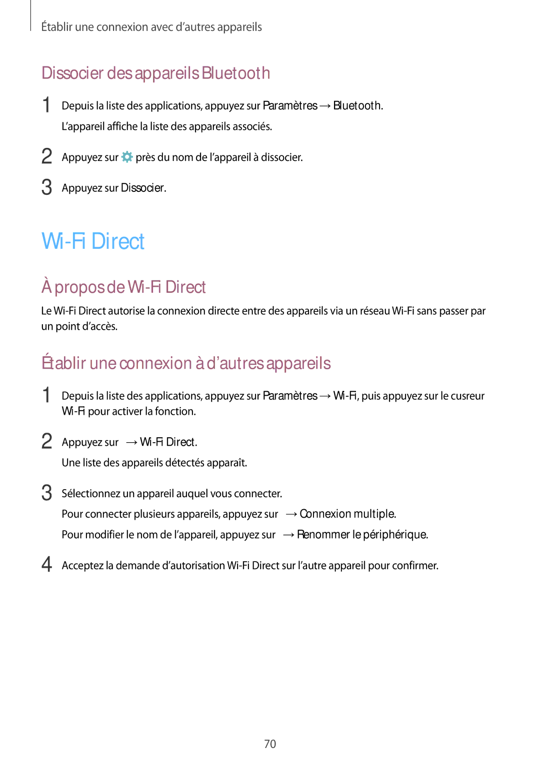 Samsung SM-G388FDSAFTM, SM-G388FDSAXEF, SM-G388FDSASFR manual Dissocier des appareils Bluetooth, Propos de Wi-Fi Direct 