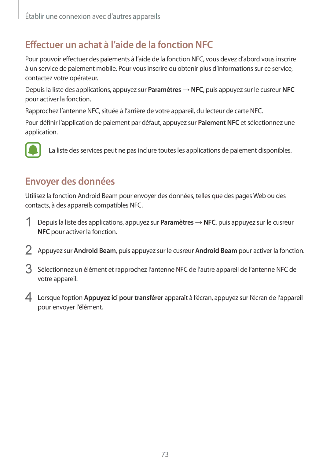 Samsung SM-G388FDSAFTM, SM-G388FDSAXEF, SM-G388FDSASFR Effectuer un achat à l’aide de la fonction NFC, Envoyer des données 