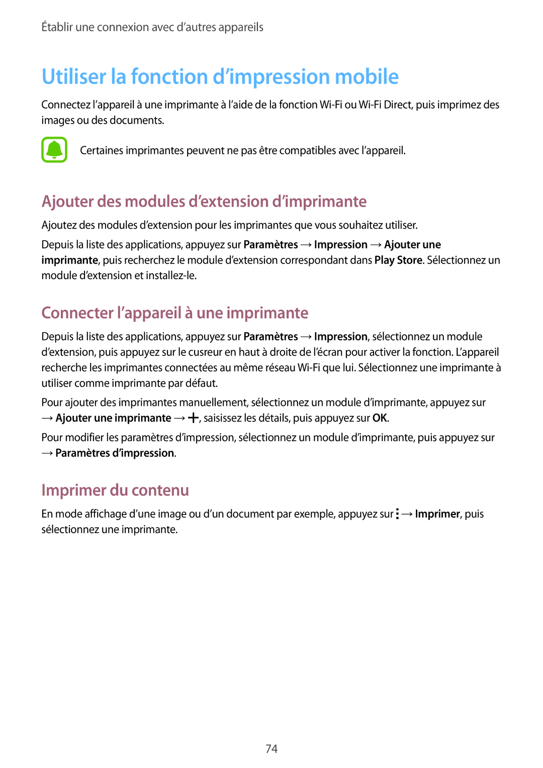 Samsung SM-G388FDSASFR manual Utiliser la fonction d’impression mobile, Ajouter des modules d’extension d’imprimante 