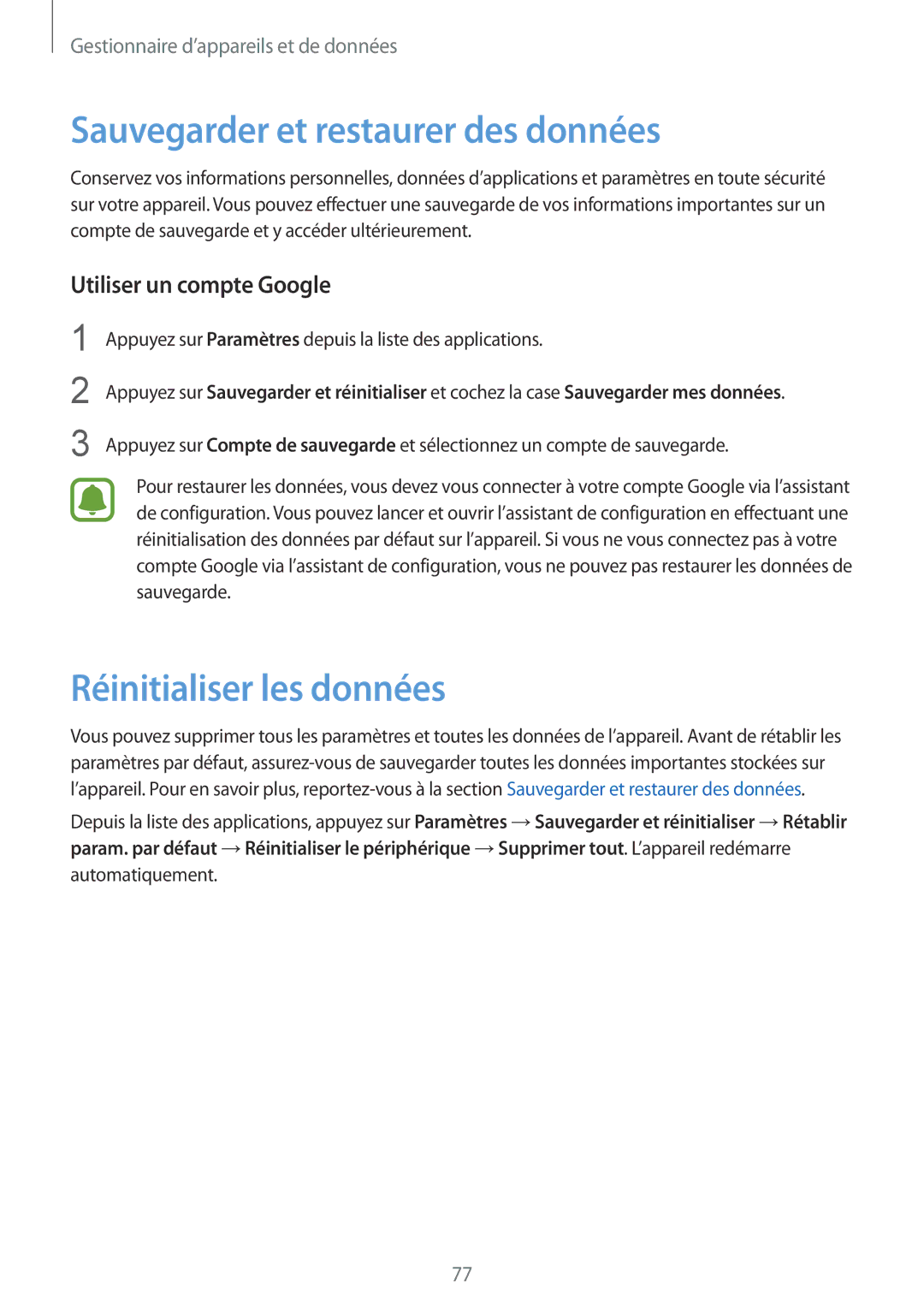 Samsung SM-G388FDSASFR manual Sauvegarder et restaurer des données, Réinitialiser les données, Utiliser un compte Google 