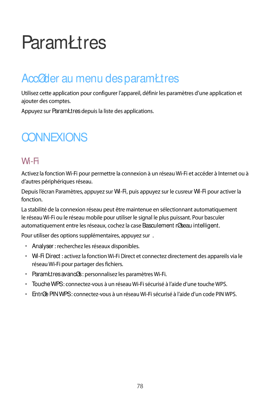 Samsung SM-G388FDSAXEF, SM-G388FDSAFTM, SM-G388FDSASFR manual Paramètres, Accéder au menu des paramètres, Wi-Fi 