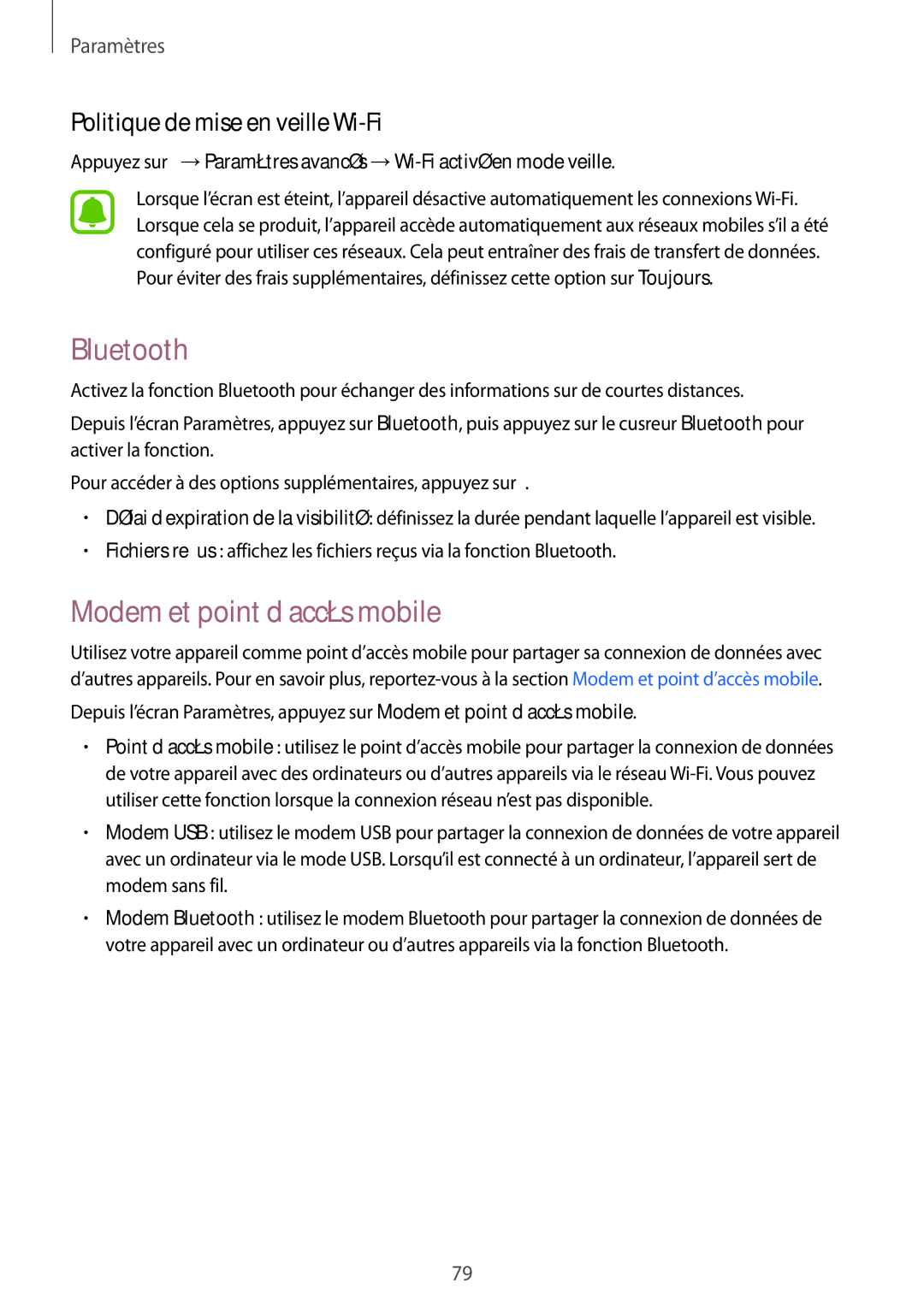 Samsung SM-G388FDSAFTM, SM-G388FDSAXEF manual Bluetooth, Modem et point d’accès mobile, Politique de mise en veille Wi-Fi 